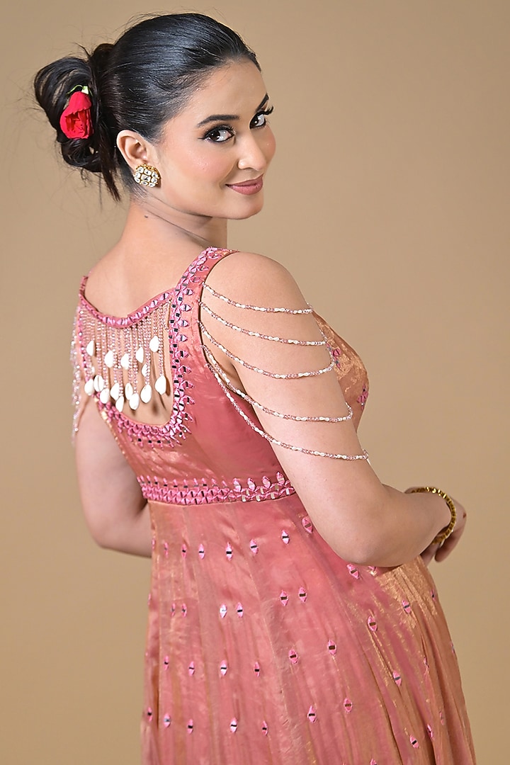 Rose Gold Imported Tissue Hand Embroidered Wedding Anarkali Set by Label Nilansha Jain at Pernia's Pop Up Shop