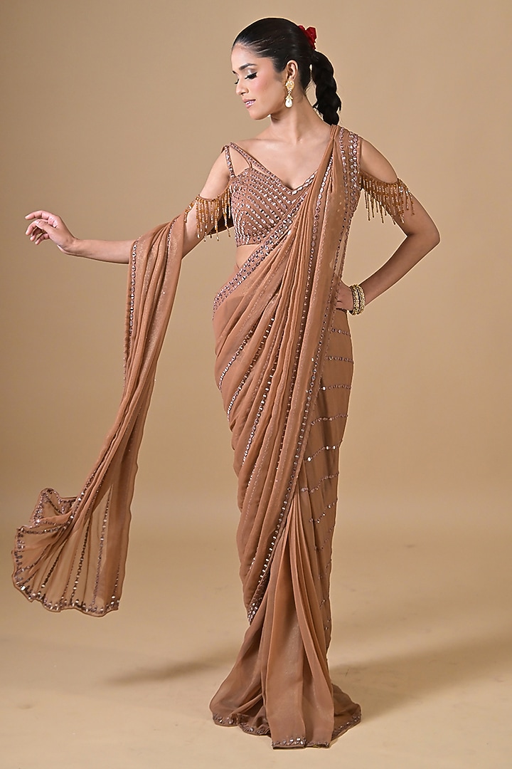 Nude Imported Shimmer Georgette Mirror Work Wedding Saree Set by Label Nilansha Jain at Pernia's Pop Up Shop