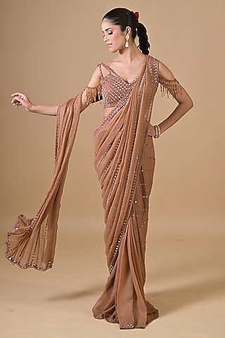 Nude Imported Shimmer Georgette Mirror Work Saree Set by Label Nilansha Jain