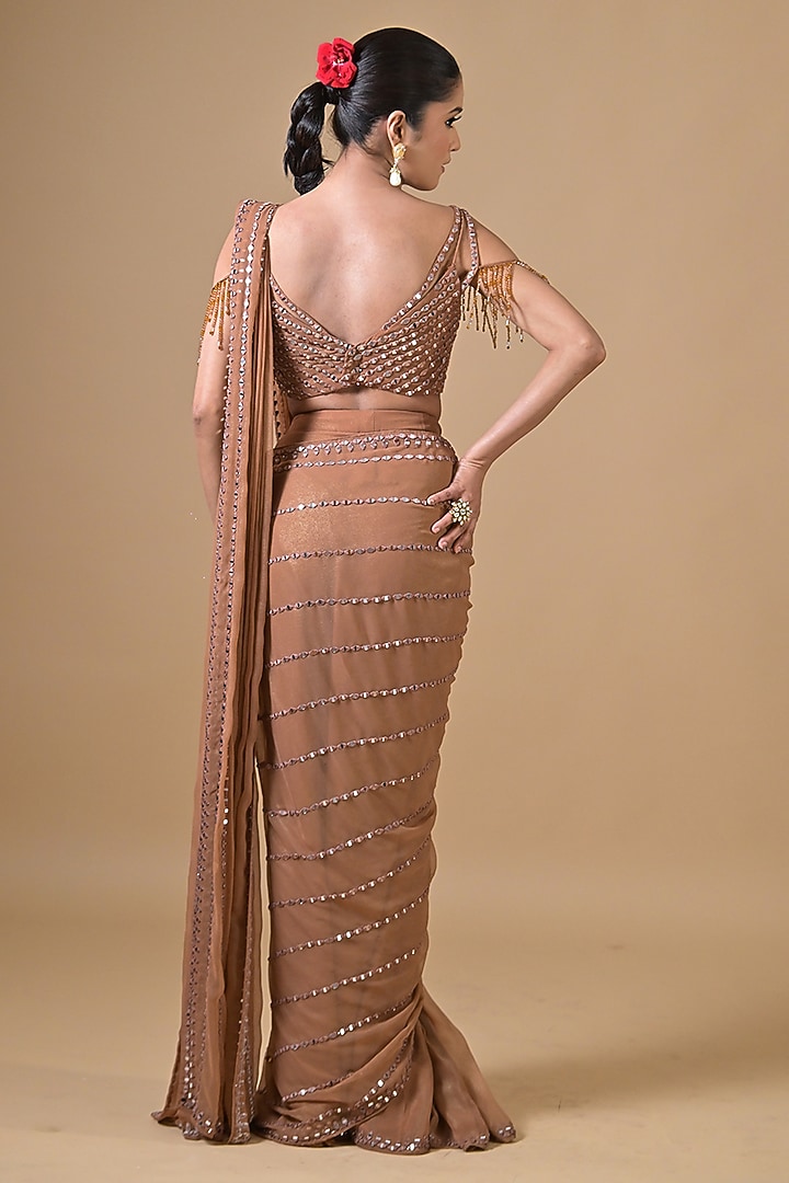 Nude Imported Shimmer Georgette Mirror Work Wedding Saree Set by Label Nilansha Jain at Pernia's Pop Up Shop