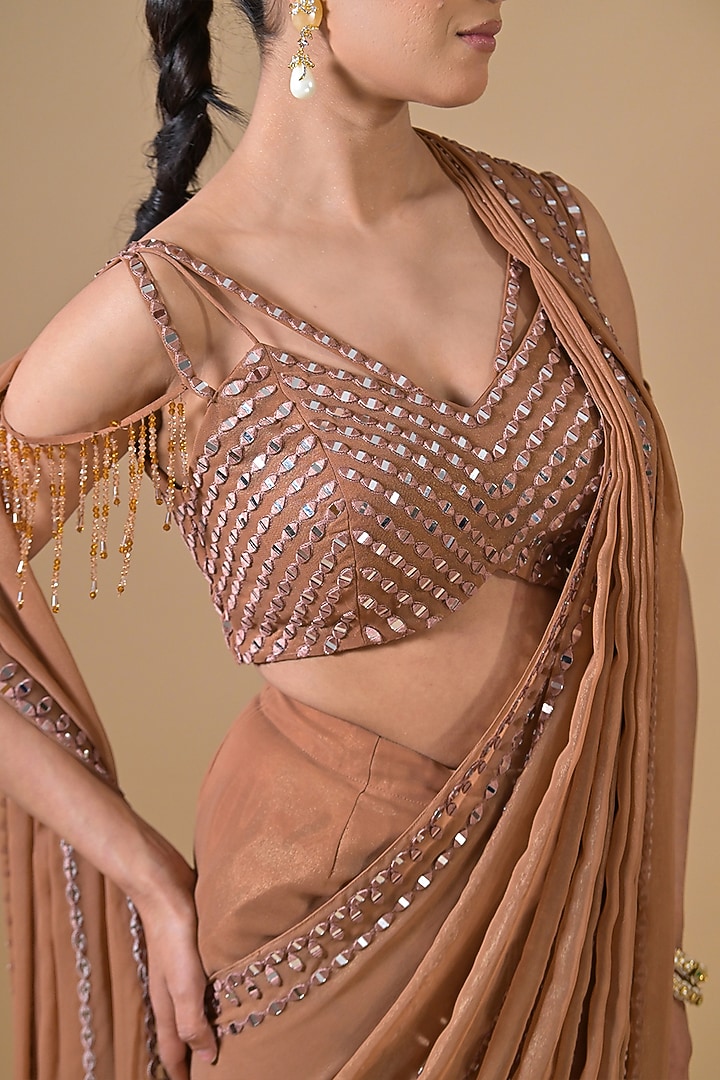 Nude Imported Shimmer Georgette Mirror Work Wedding Saree Set by Label Nilansha Jain at Pernia's Pop Up Shop