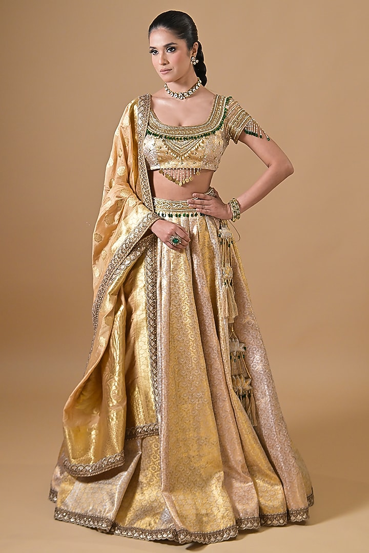 Gold Banarasi Silk Sequin Embroidered Wedding Lehenga Set by Label Nilansha Jain at Pernia's Pop Up Shop