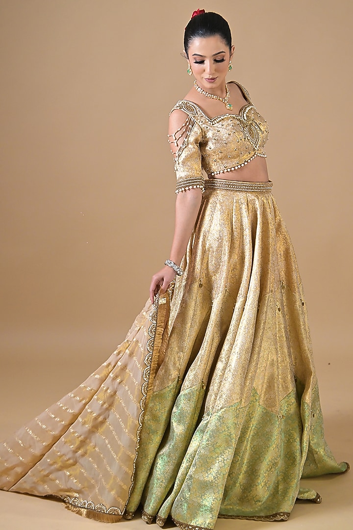 Gold Banarasi Silk Pearl Embroidered Wedding Lehenga Set by Label Nilansha Jain at Pernia's Pop Up Shop