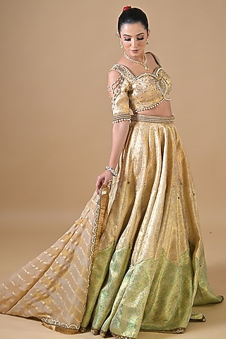 Gold Banarasi Silk Pearl Embroidered Lehenga Set by Label Nilansha Jain