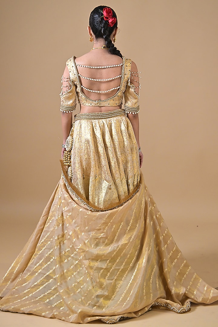 Gold Banarasi Silk Pearl Embroidered Wedding Lehenga Set by Label Nilansha Jain at Pernia's Pop Up Shop