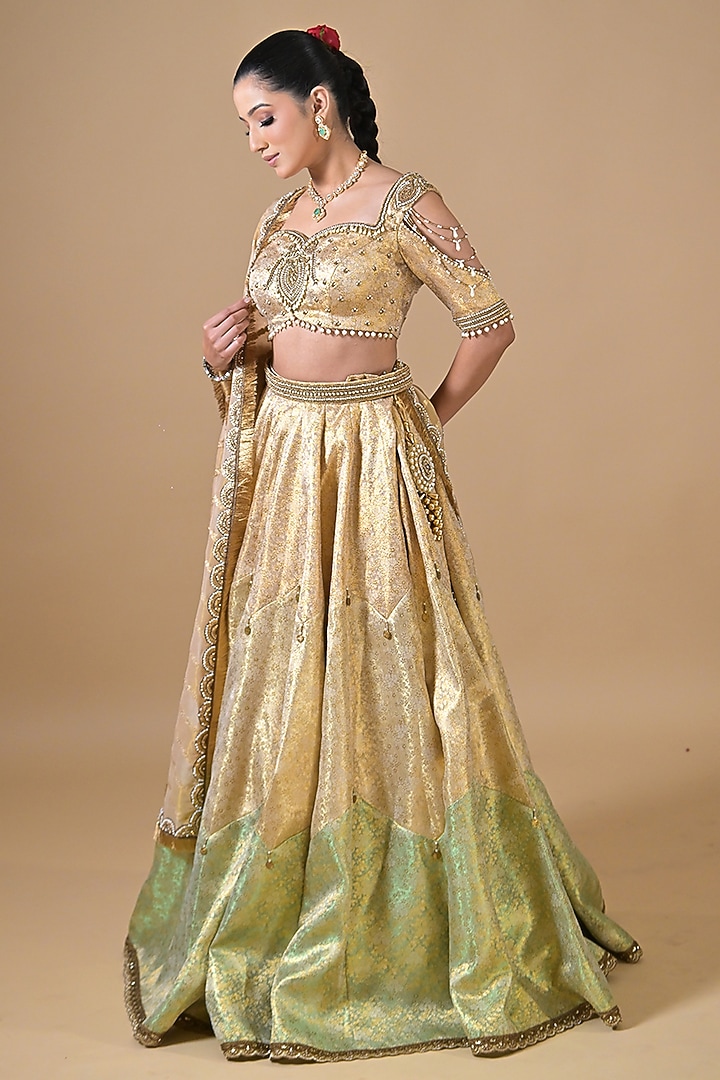Gold Banarasi Silk Pearl Embroidered Wedding Lehenga Set by Label Nilansha Jain at Pernia's Pop Up Shop