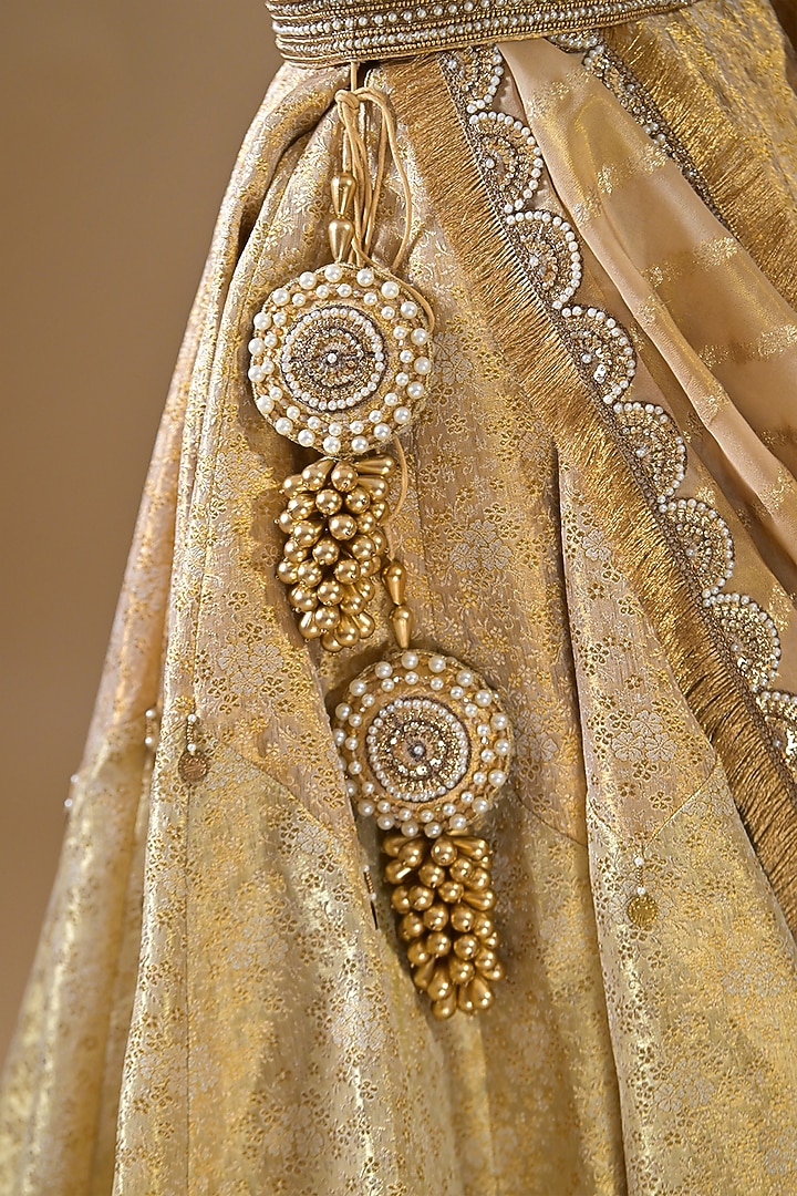 Gold Banarasi Silk Pearl Embroidered Wedding Lehenga Set by Label Nilansha Jain at Pernia's Pop Up Shop