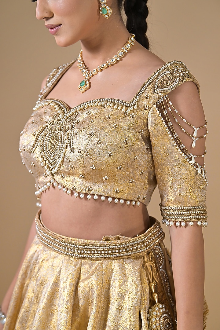 Gold Banarasi Silk Pearl Embroidered Wedding Lehenga Set by Label Nilansha Jain at Pernia's Pop Up Shop