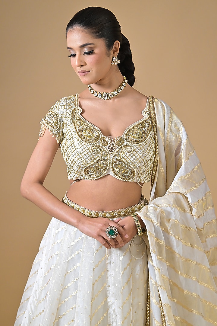 Off-White Banarasi Silk Cutdana Embroidered Wedding Lehenga Set by Label Nilansha Jain at Pernia's Pop Up Shop