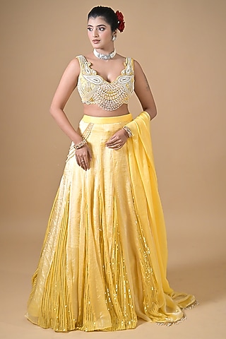 Yellow Imported Tissue Lehenga Set by Label Nilansha Jain