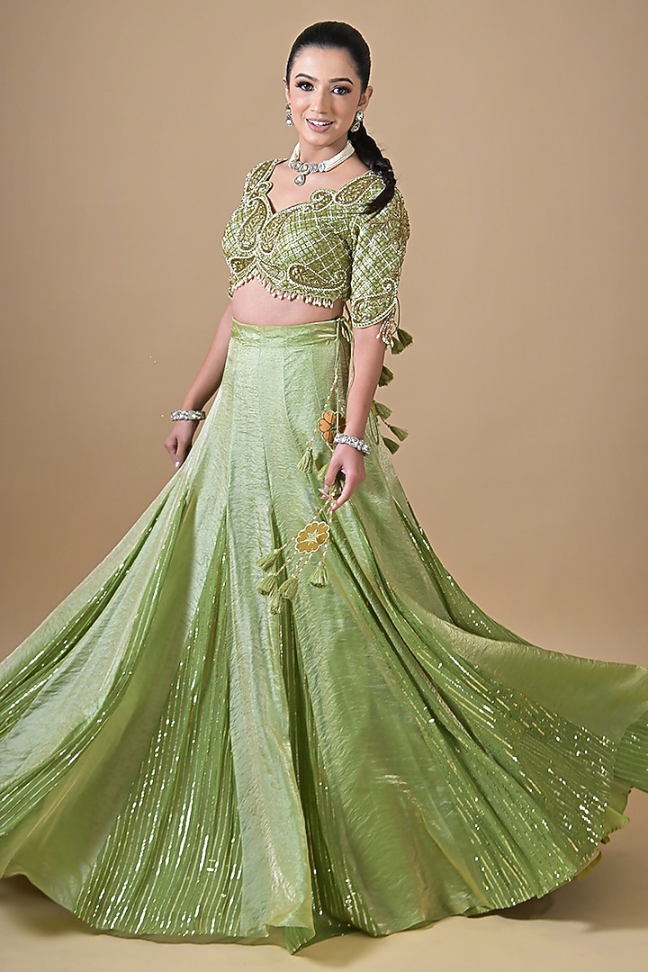 Mint Green Imported Tissue Wedding Lehenga Set by Label Nilansha Jain at Pernia's Pop Up Shop