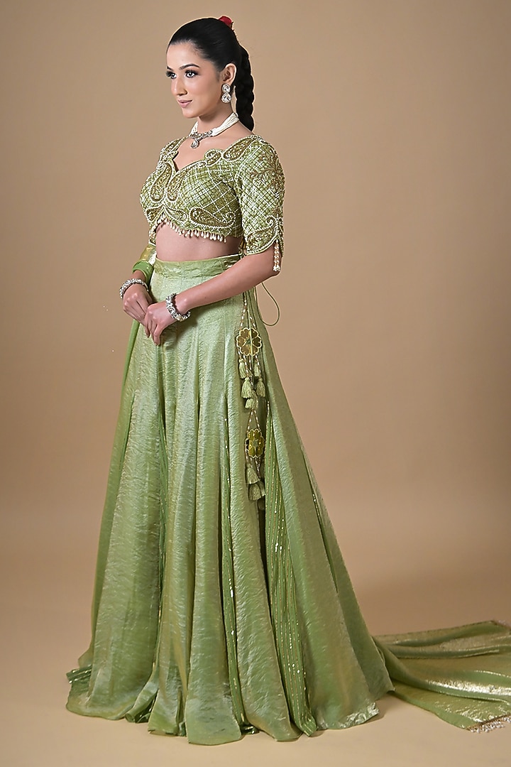Mint Green Imported Tissue Wedding Lehenga Set by Label Nilansha Jain at Pernia's Pop Up Shop
