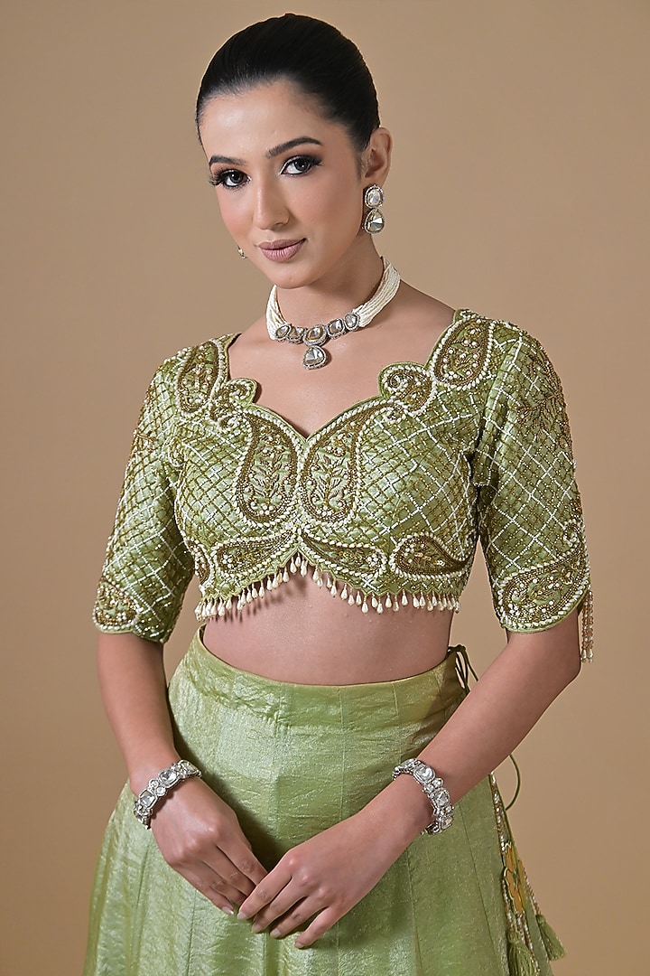Mint Green Imported Tissue Wedding Lehenga Set by Label Nilansha Jain at Pernia's Pop Up Shop