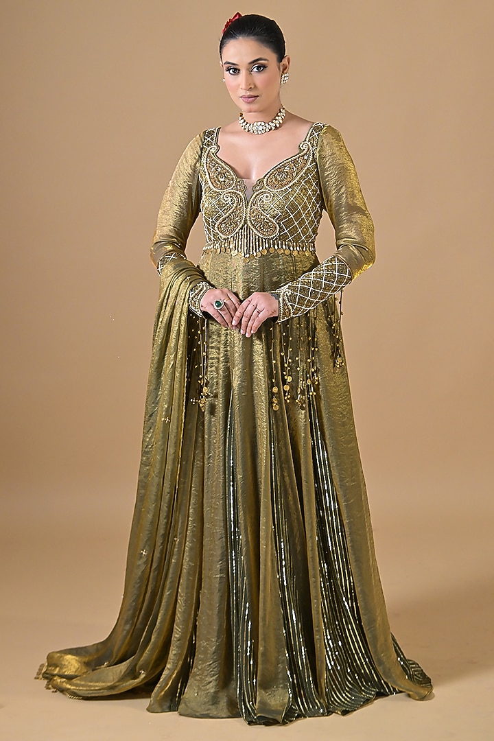 Teal Blue & Gold Imported Tissue Pearl Hand Embroidered Wedding Anarkali Set by Label Nilansha Jain at Pernia's Pop Up Shop