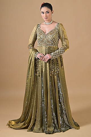 Teal Blue & Gold Imported Tissue Pearl Hand Embroidered Anarkali Set by Label Nilansha Jain