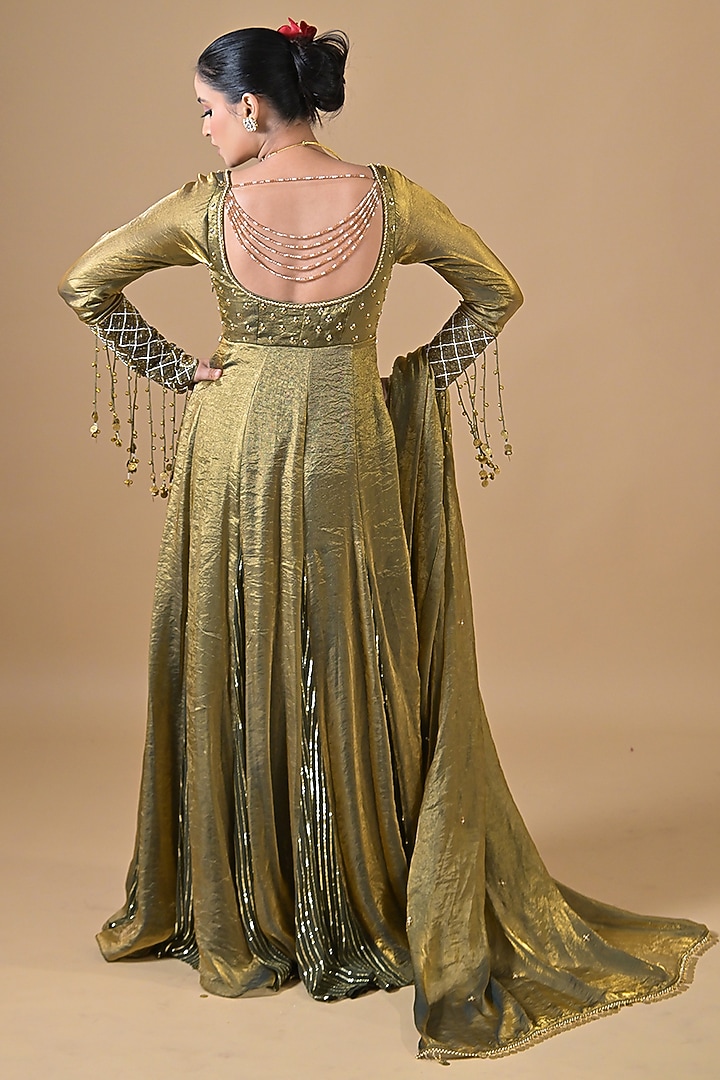 Teal Blue & Gold Imported Tissue Pearl Hand Embroidered Wedding Anarkali Set by Label Nilansha Jain at Pernia's Pop Up Shop