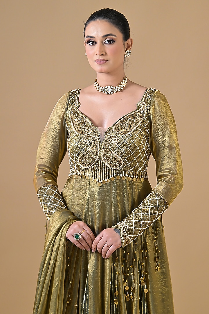 Teal Blue & Gold Imported Tissue Pearl Hand Embroidered Wedding Anarkali Set by Label Nilansha Jain at Pernia's Pop Up Shop