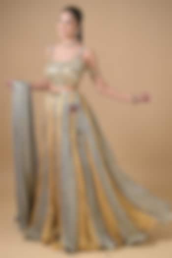 Gold & Silver Imported Crinkled Tissue Mirror Embellished Wedding Lehenga Set by Label Nilansha Jain at Pernia's Pop Up Shop