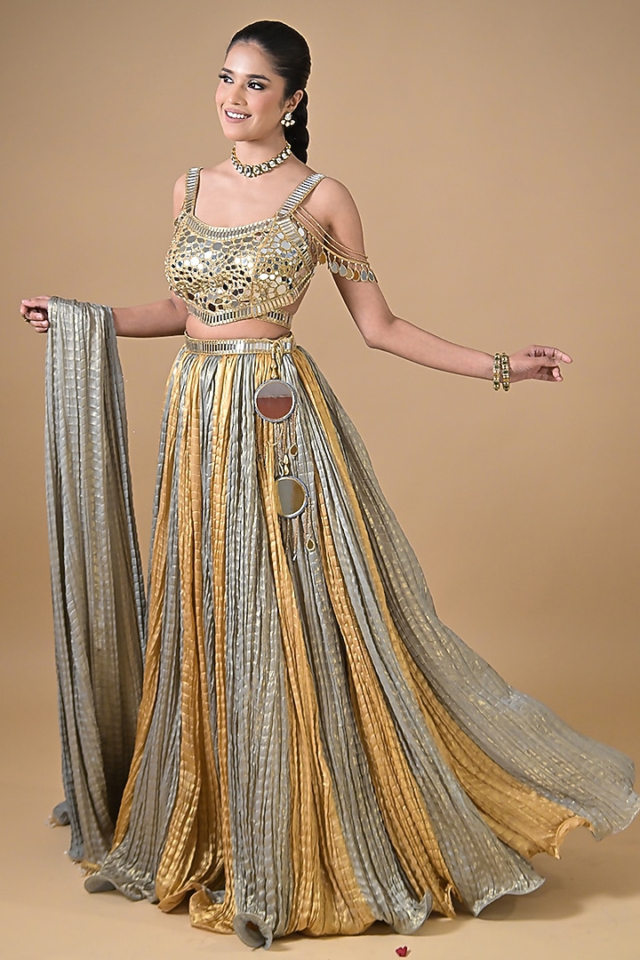 Gold & Silver Imported Crinkled Tissue Mirror Embellished Wedding Lehenga Set by Label Nilansha Jain at Pernia's Pop Up Shop