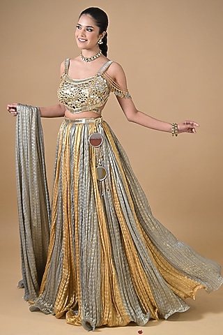 Gold & Silver Imported Crinkled Tissue Mirror Embellished Lehenga Set by Label Nilansha Jain