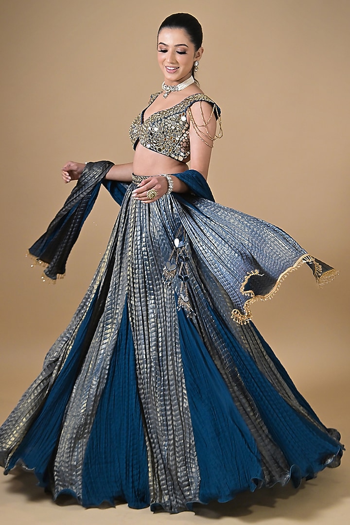 Deep Teal Blue Imported Crinkled Tissue Mirror Work Wedding Lehenga Set by Label Nilansha Jain at Pernia's Pop Up Shop
