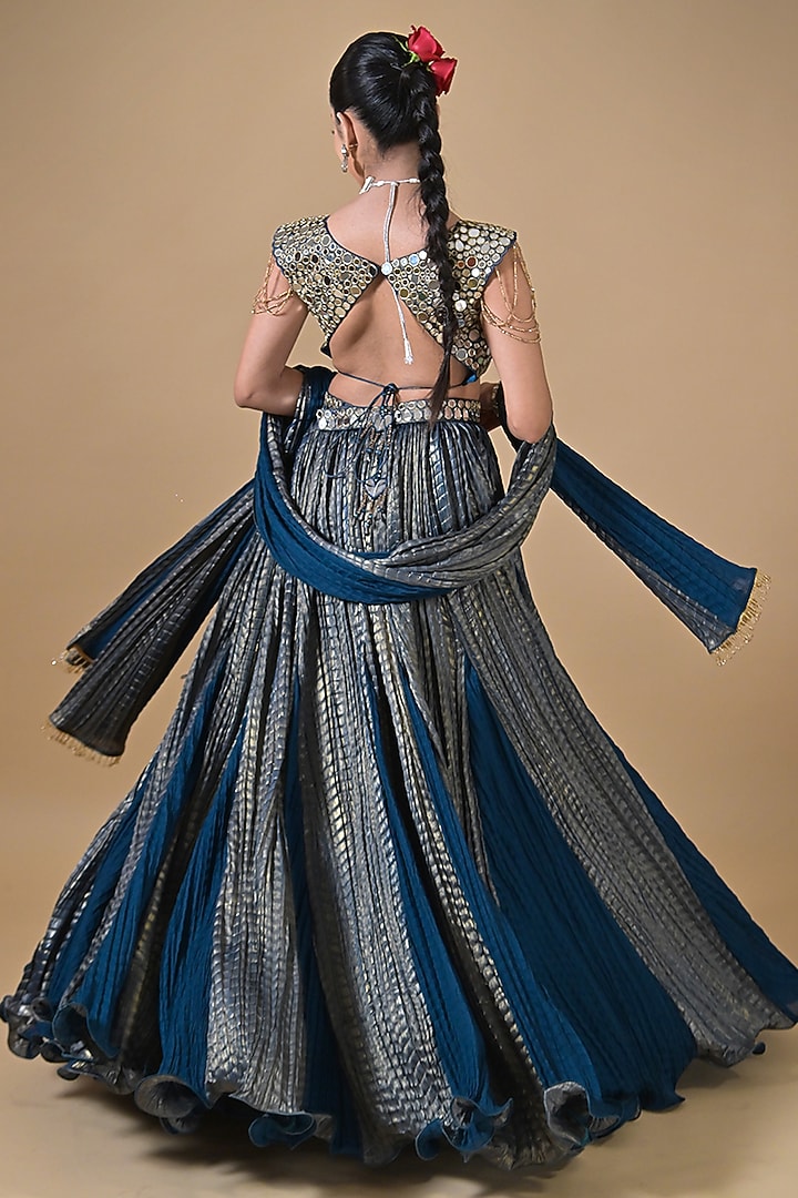 Deep Teal Blue Imported Crinkled Tissue Mirror Work Wedding Lehenga Set by Label Nilansha Jain at Pernia's Pop Up Shop