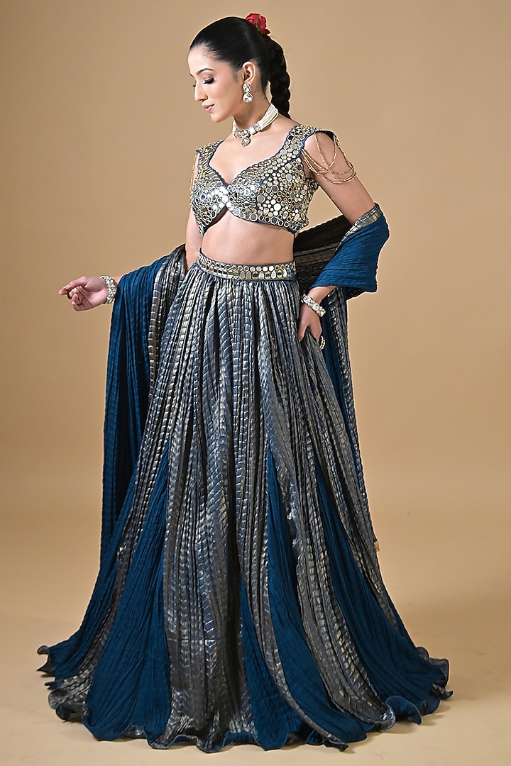 Deep Teal Blue Imported Crinkled Tissue Mirror Work Wedding Lehenga Set by Label Nilansha Jain at Pernia's Pop Up Shop