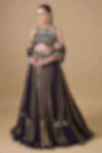 Royal Purple Imported Crinkled Tissue Mirror Embroidered Wedding Lehenga Set by Label Nilansha Jain at Pernia's Pop Up Shop