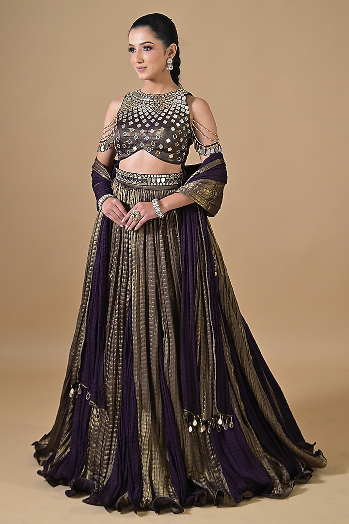 Royal Purple Imported Crinkled Tissue Mirror Embroidered Wedding Lehenga Set by Label Nilansha Jain at Pernia's Pop Up Shop