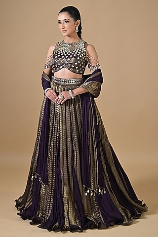 Royal Purple Imported Crinkled Tissue Mirror Embroidered Lehenga Set by Label Nilansha Jain
