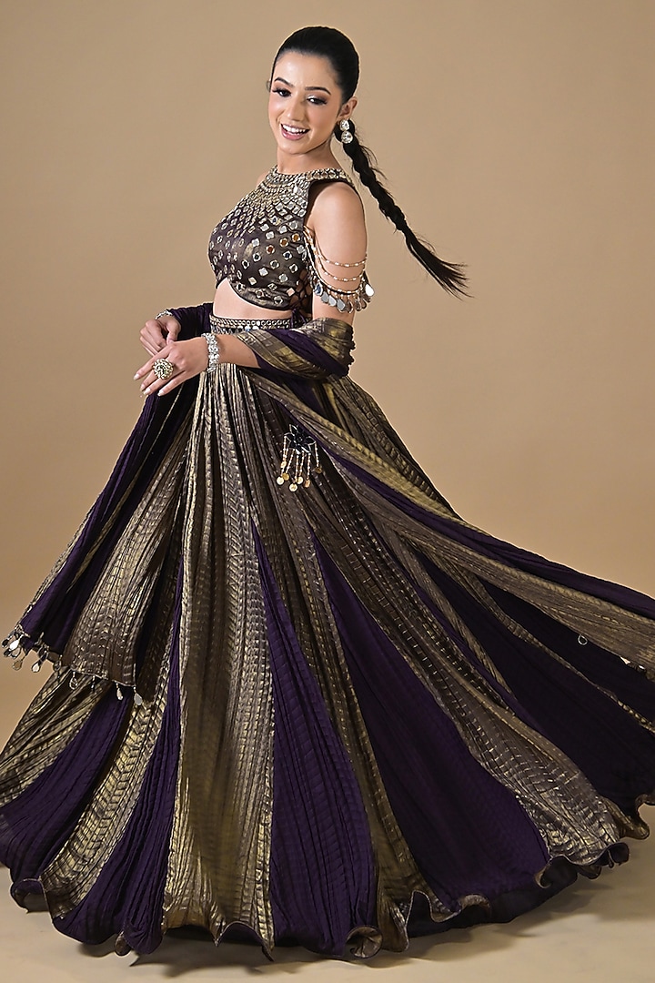 Royal Purple Imported Crinkled Tissue Mirror Embroidered Wedding Lehenga Set by Label Nilansha Jain at Pernia's Pop Up Shop