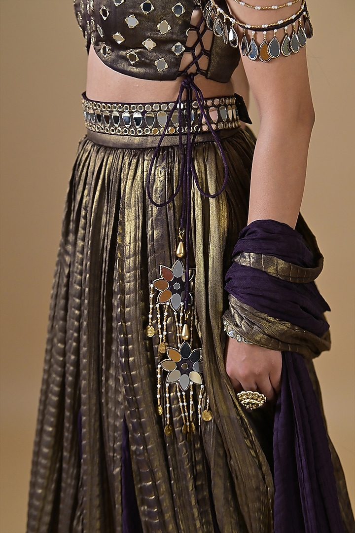 Royal Purple Imported Crinkled Tissue Mirror Embroidered Wedding Lehenga Set by Label Nilansha Jain at Pernia's Pop Up Shop