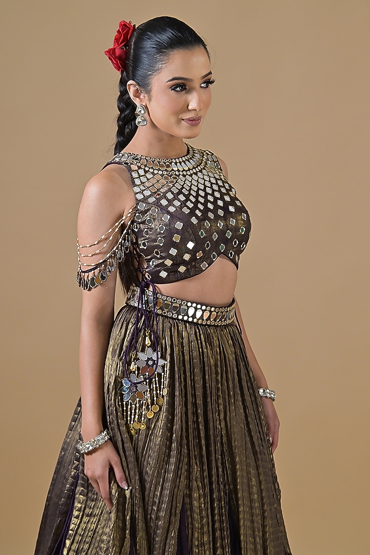 Royal Purple Imported Crinkled Tissue Mirror Embroidered Wedding Lehenga Set by Label Nilansha Jain at Pernia's Pop Up Shop