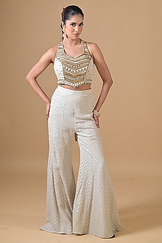 Off-White Banarasi Georgette Gharara Set by Label Nilansha Jain
