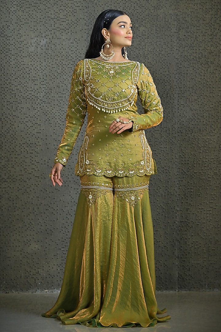 Green Imported Tissue Gharara Set by Label Nilansha Jain at Pernia's Pop Up Shop