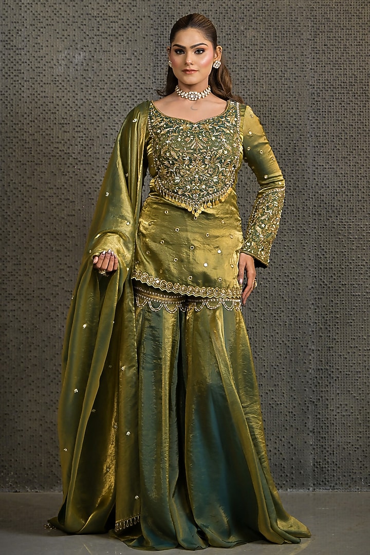 Teal & Gold Imported Tissue Gharara Set by Label Nilansha Jain at Pernia's Pop Up Shop