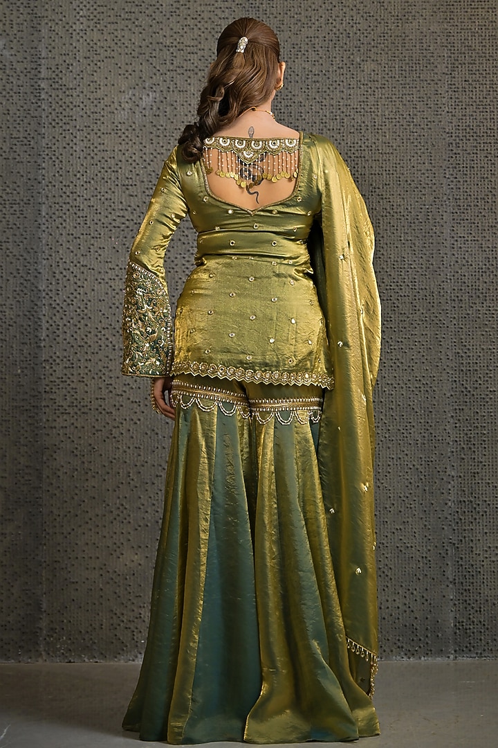 Teal & Gold Imported Tissue Gharara Set by Label Nilansha Jain at Pernia's Pop Up Shop