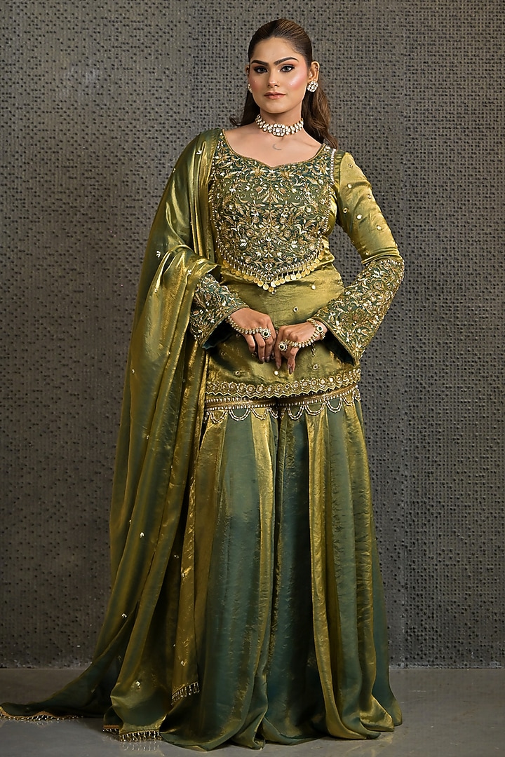 Teal & Gold Imported Tissue Gharara Set by Label Nilansha Jain at Pernia's Pop Up Shop