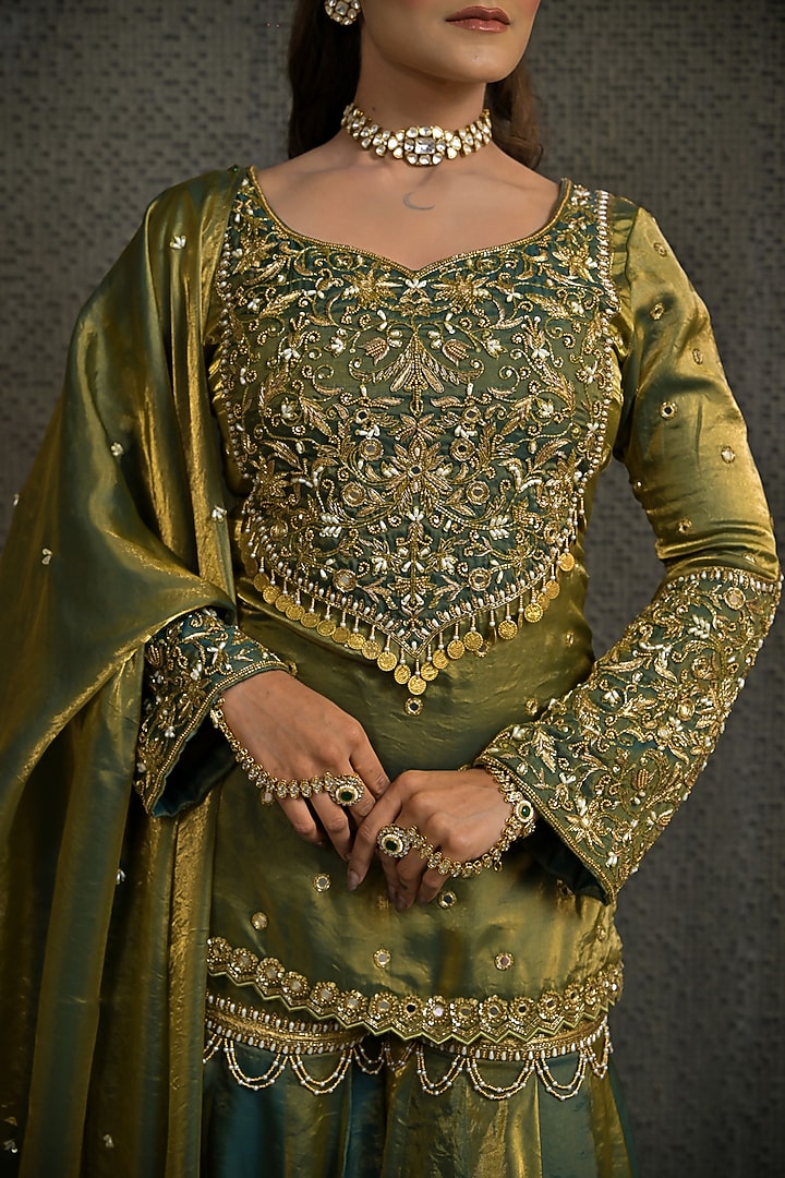 Teal & Gold Imported Tissue Gharara Set by Label Nilansha Jain at Pernia's Pop Up Shop
