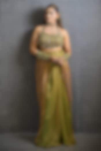 Teal & Gold Imported Tissue Draped Skirt Set by Label Nilansha Jain at Pernia's Pop Up Shop
