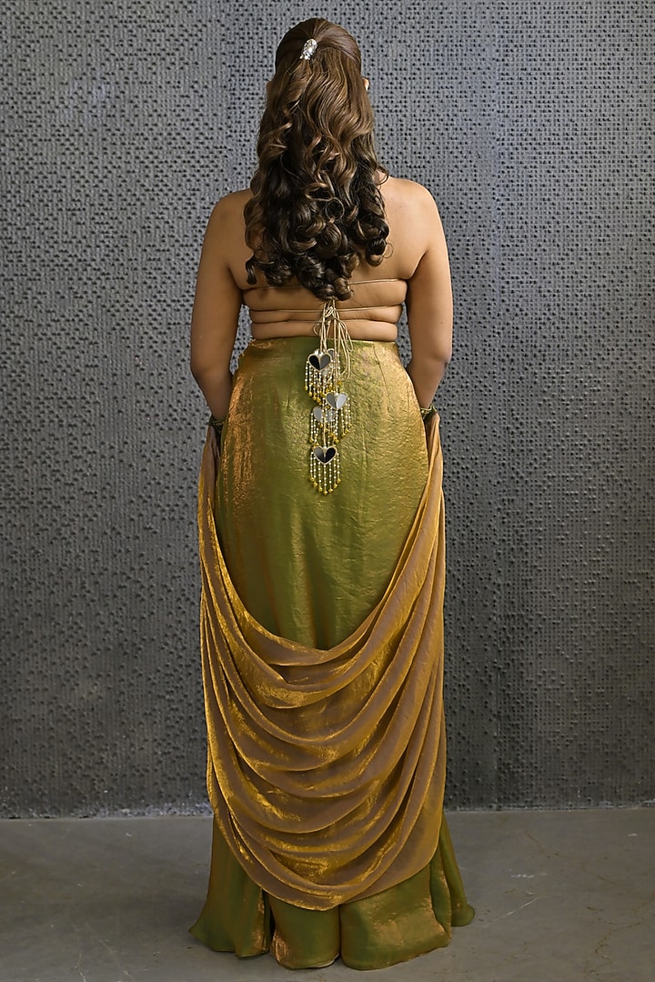 Teal & Gold Imported Tissue Draped Skirt Set by Label Nilansha Jain at Pernia's Pop Up Shop