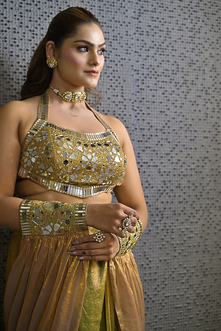 Teal & Gold Imported Tissue Draped Skirt Set by Label Nilansha Jain at Pernia's Pop Up Shop