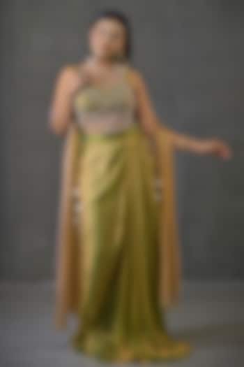 Green & Golden Imported Tissue Draped Skirt Set by Label Nilansha Jain at Pernia's Pop Up Shop