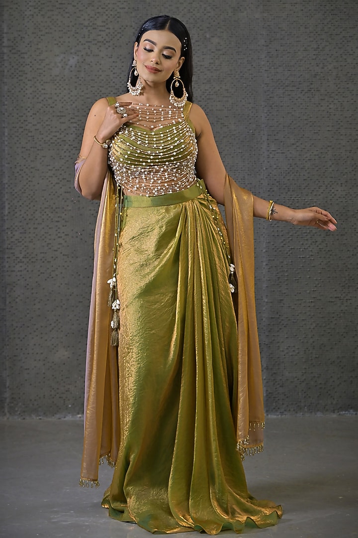 Green & Golden Imported Tissue Draped Skirt Set by Label Nilansha Jain at Pernia's Pop Up Shop