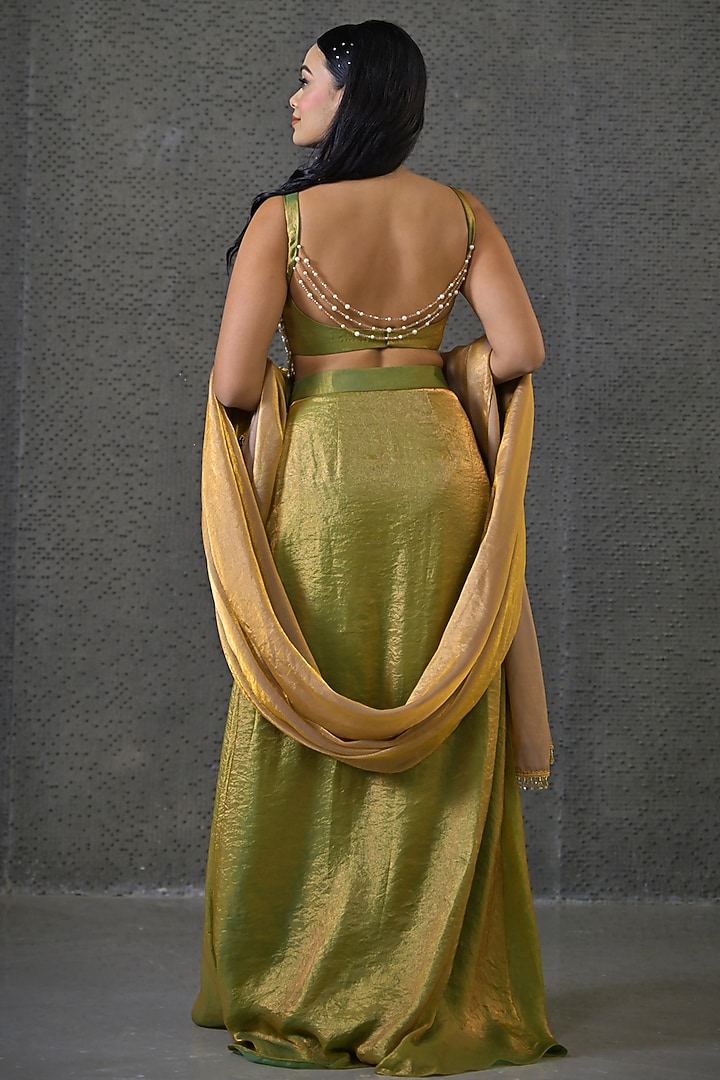Green & Golden Imported Tissue Draped Skirt Set by Label Nilansha Jain at Pernia's Pop Up Shop