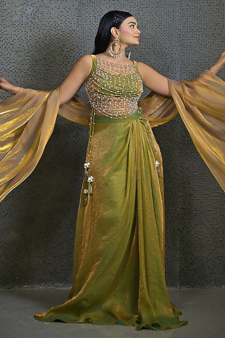 Green & Golden Imported Tissue Draped Skirt Set by Label Nilansha Jain at Pernia's Pop Up Shop