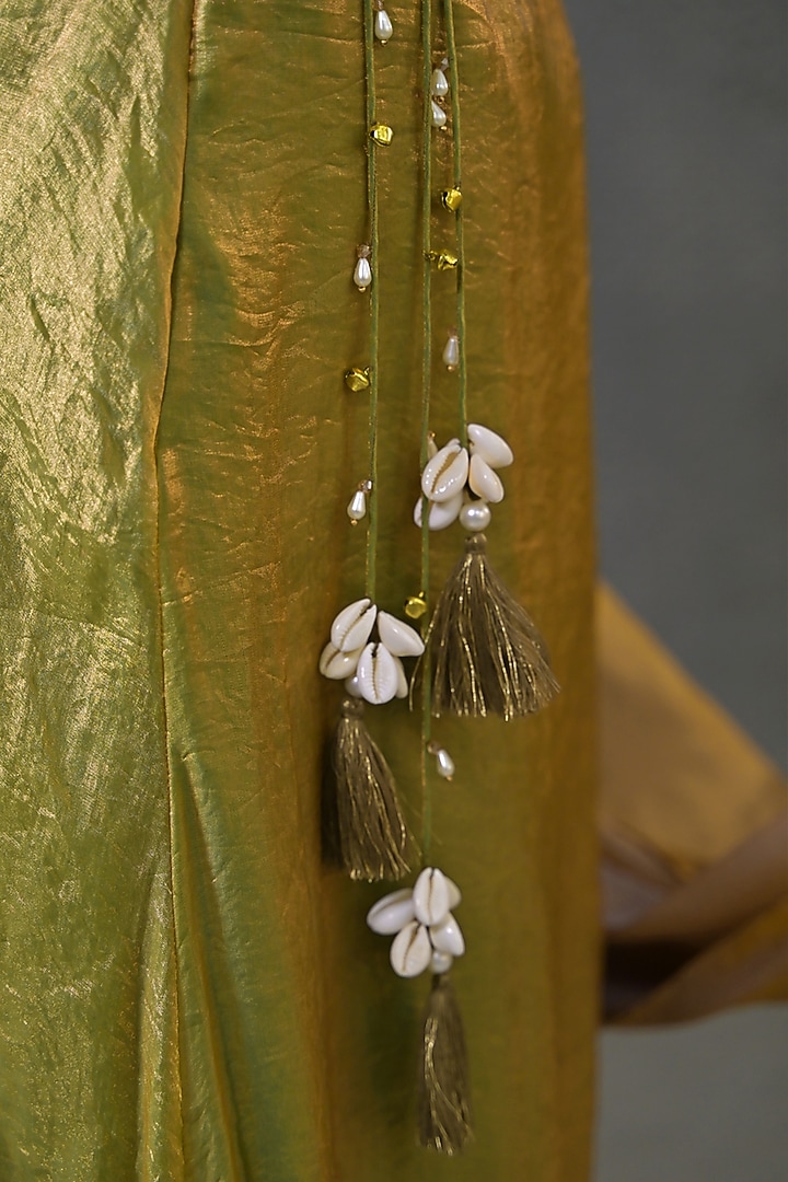Green & Golden Imported Tissue Draped Skirt Set by Label Nilansha Jain at Pernia's Pop Up Shop