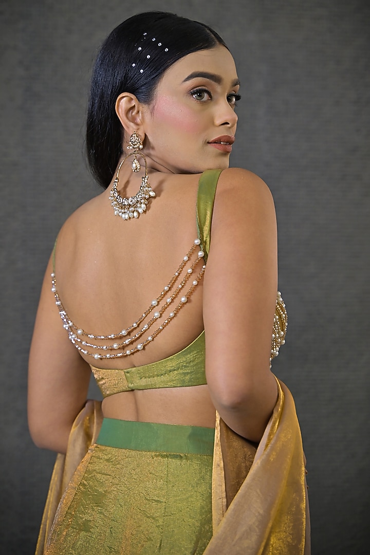 Green & Golden Imported Tissue Draped Skirt Set by Label Nilansha Jain at Pernia's Pop Up Shop