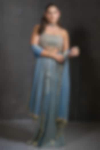 Light Blue Imported Tissue Draped Skirt Set by Label Nilansha Jain at Pernia's Pop Up Shop