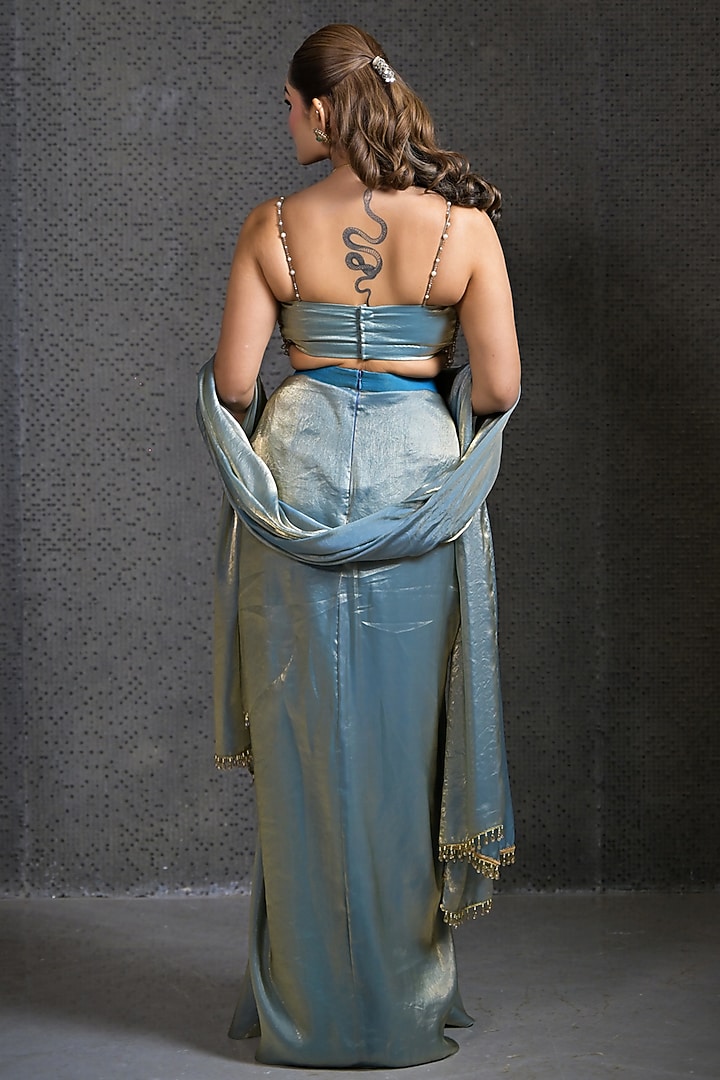 Light Blue Imported Tissue Draped Skirt Set by Label Nilansha Jain at Pernia's Pop Up Shop